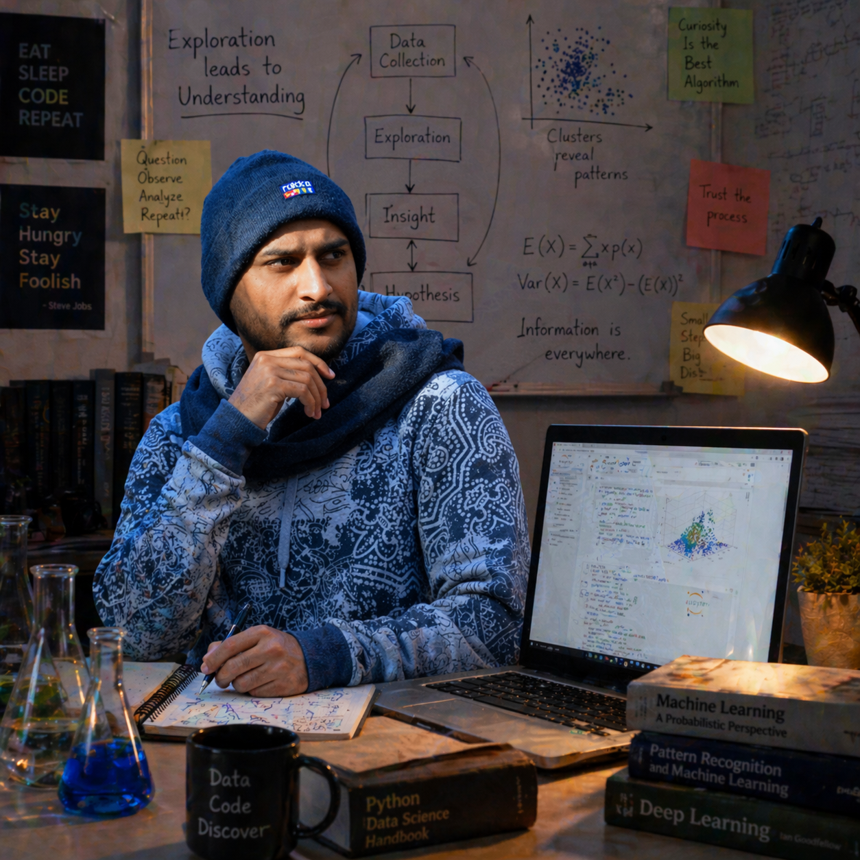 Kashif Khan working at a machine-learning research desk